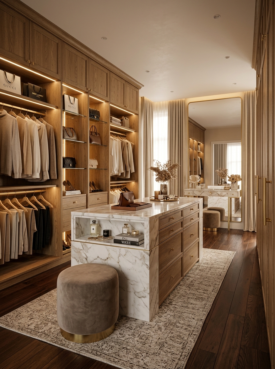 Luxury Island Center Closet with Marble Accents