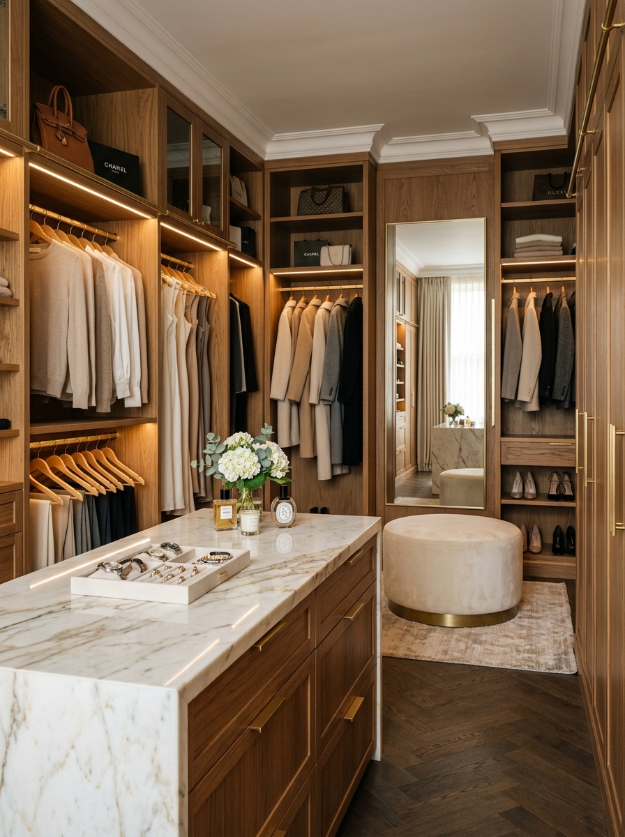 Luxury Island Center Closet with Marble Accents