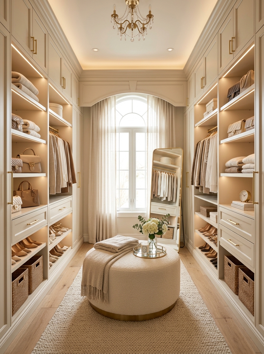 Soft Neutral Walk-In Closet With Warm Ambient Lighting