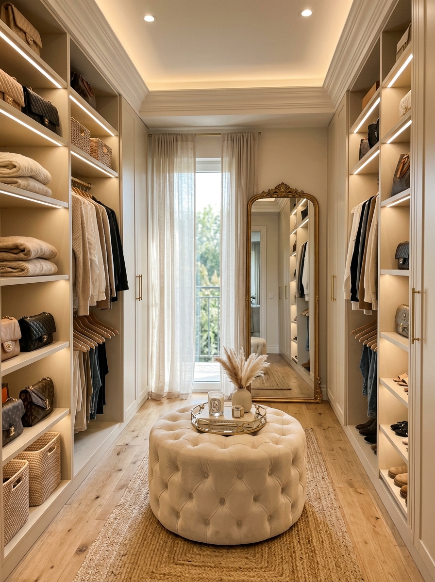 Soft Neutral Walk-In Closet With Warm Ambient Lighting