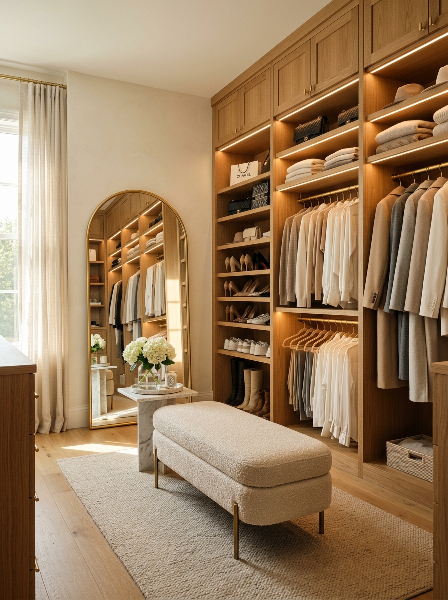 Warm Neutral Walk-In Closet with Soft LED Lighting