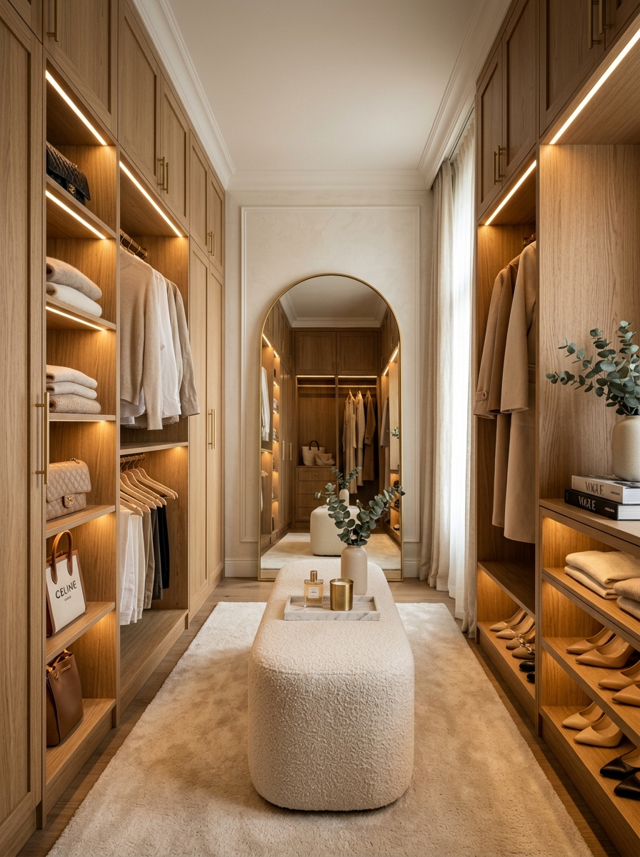 Warm Neutral Walk-In Closet with Soft LED Lighting