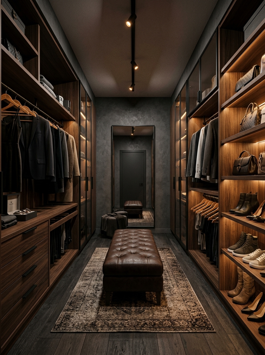 Moody Luxury Closet with Dark Wood Finishes