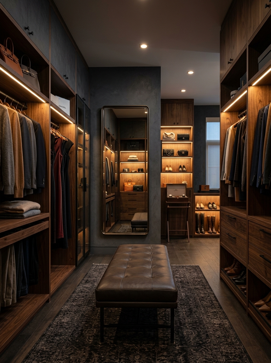 Moody Luxury Closet with Dark Wood Finishes