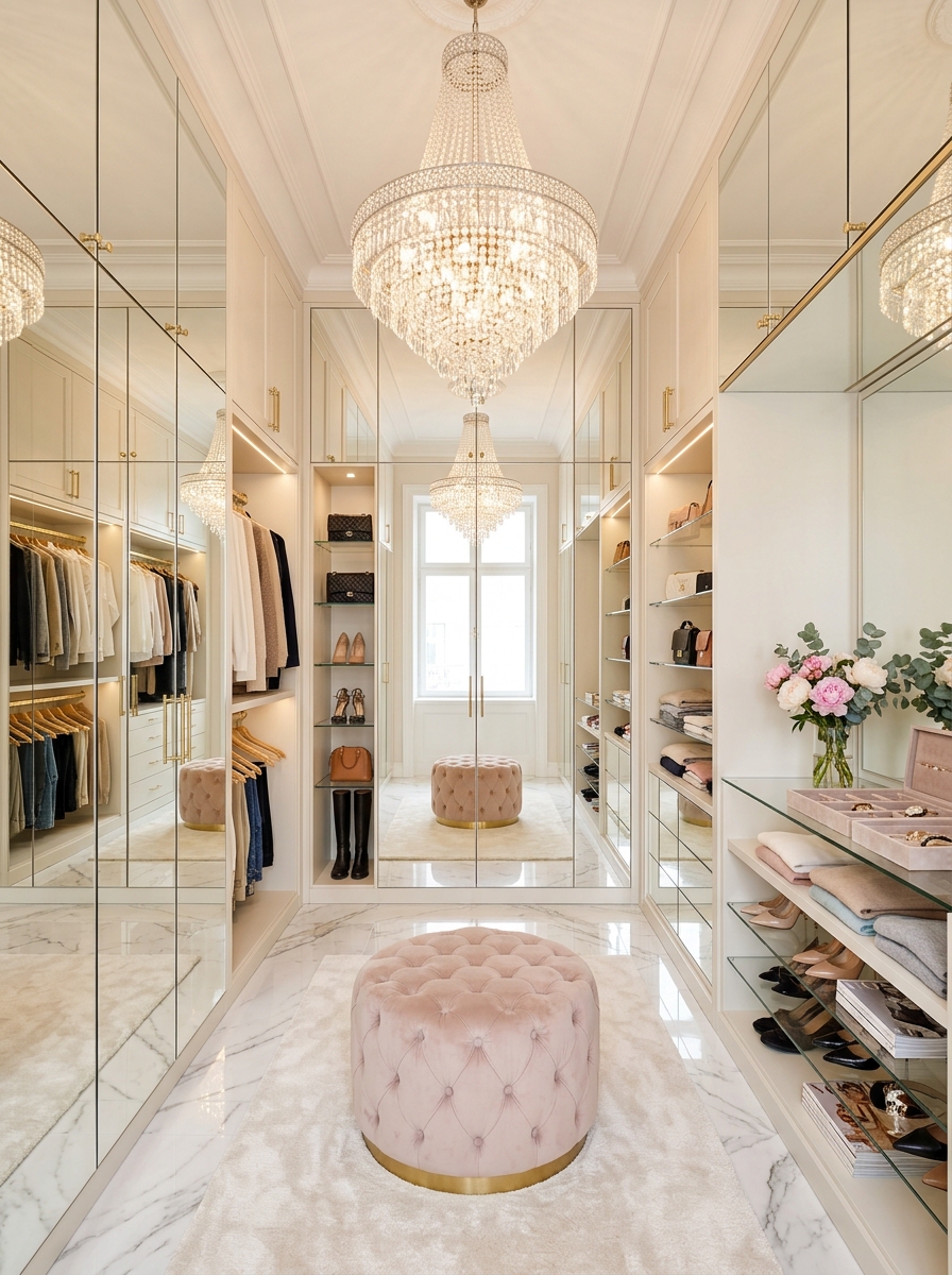 Walk-In Closet with Floor-to-Ceiling Mirror Walls