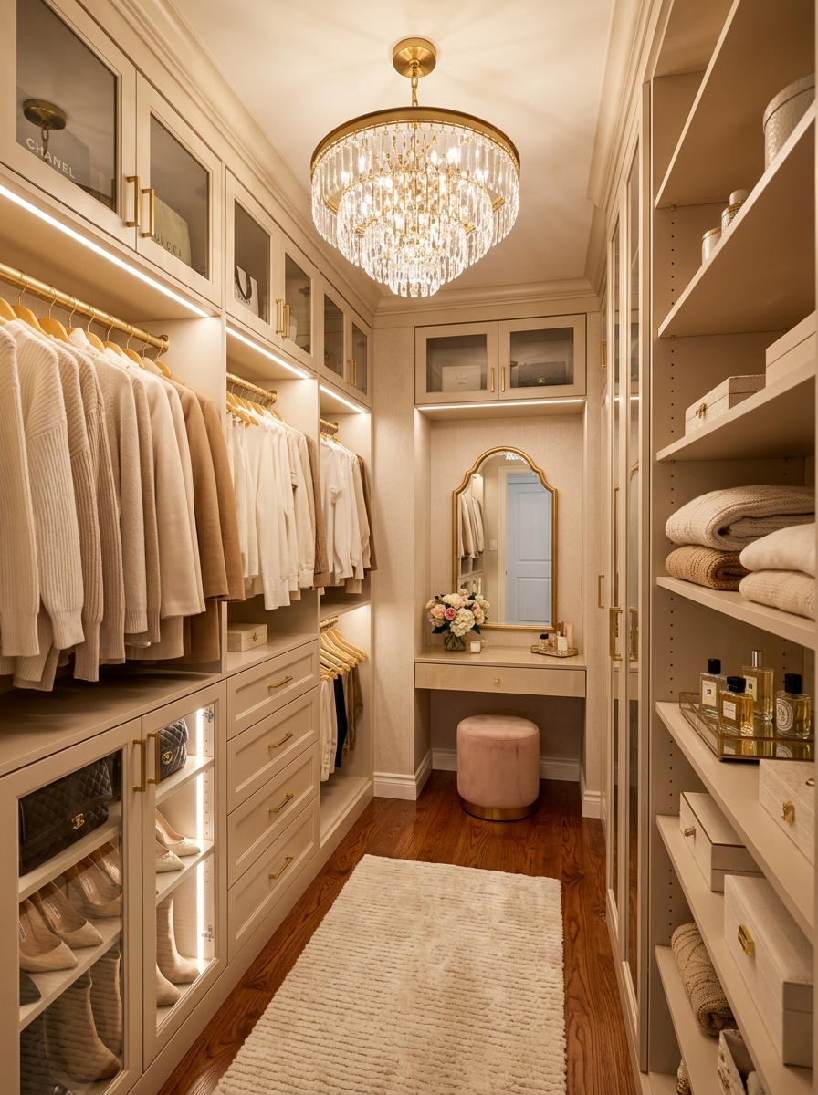 Statement Chandelier in a Small Walk-In Closet