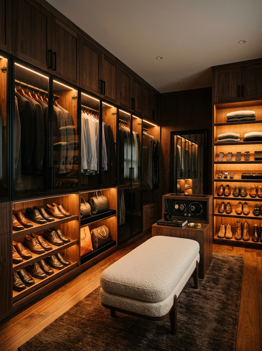 Moody Luxe Closet with Dark Wood and Soft Lighting