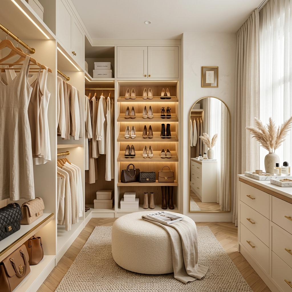 16 Cozy Small Walk-In Closet Ideas with Soft Minimal Style for Elegant Women