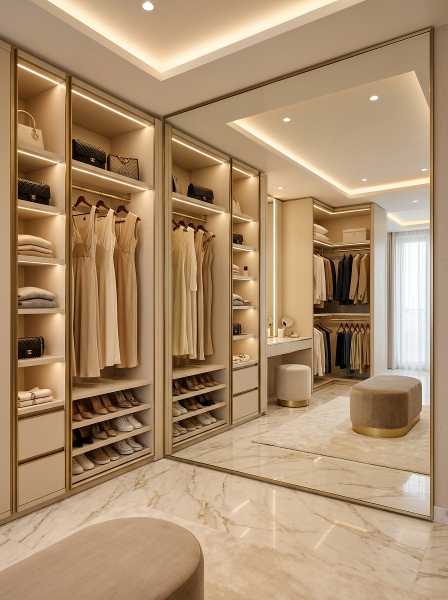 Floor-to-Ceiling Mirror Wall Closet