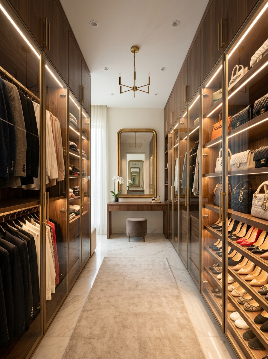 Floor-to-Ceiling Walnut Walk-In Wardrobe with Glass Doors