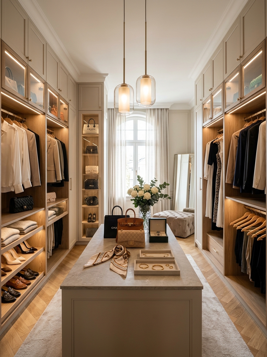 Elegant Neutral Closet with Boutique Display Island