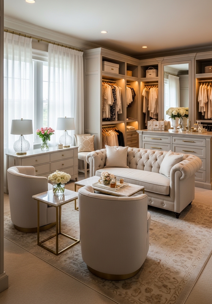 Elegant Closet With a Seating Lounge Area