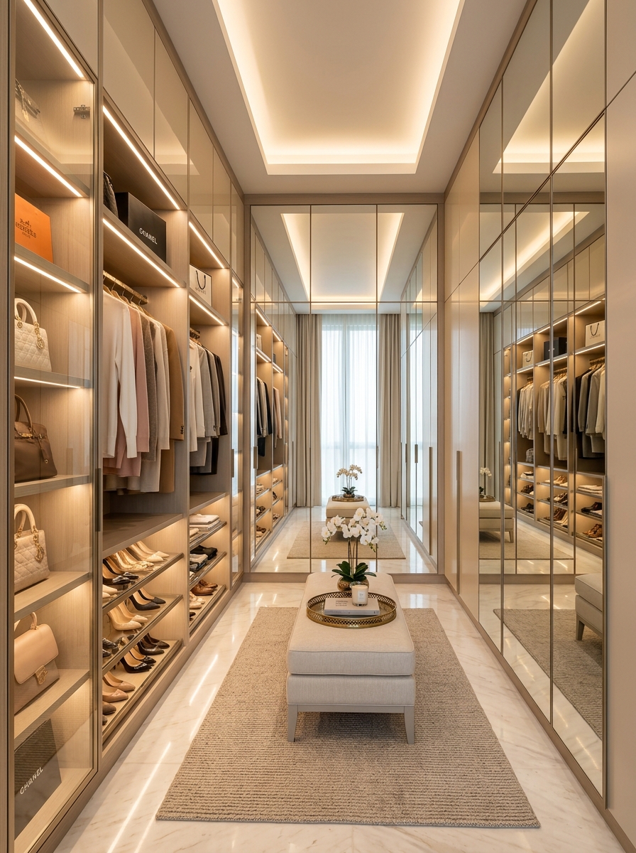 Luxury Closet with Floor-to-Ceiling Mirrors and Warm Glow