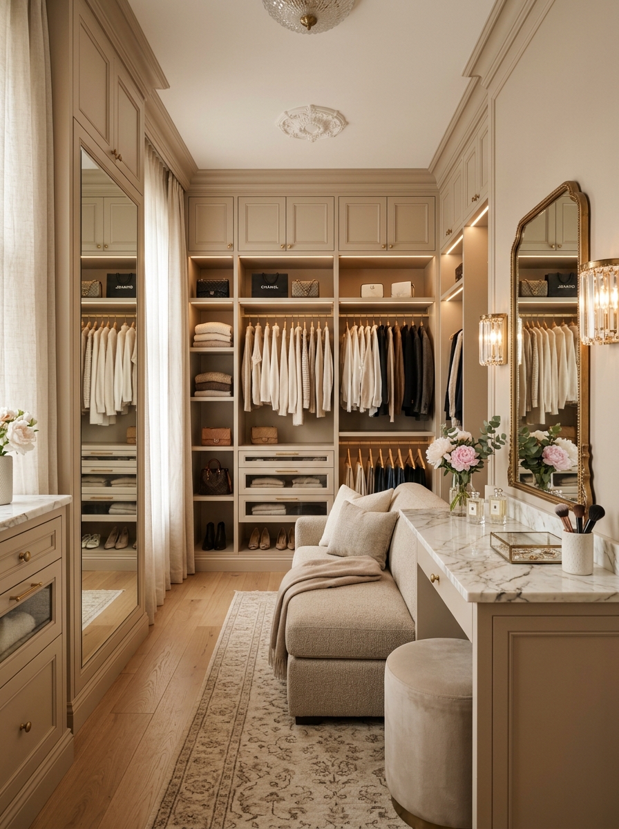 Warm Luxury Closet with Seating Nook and Vanity