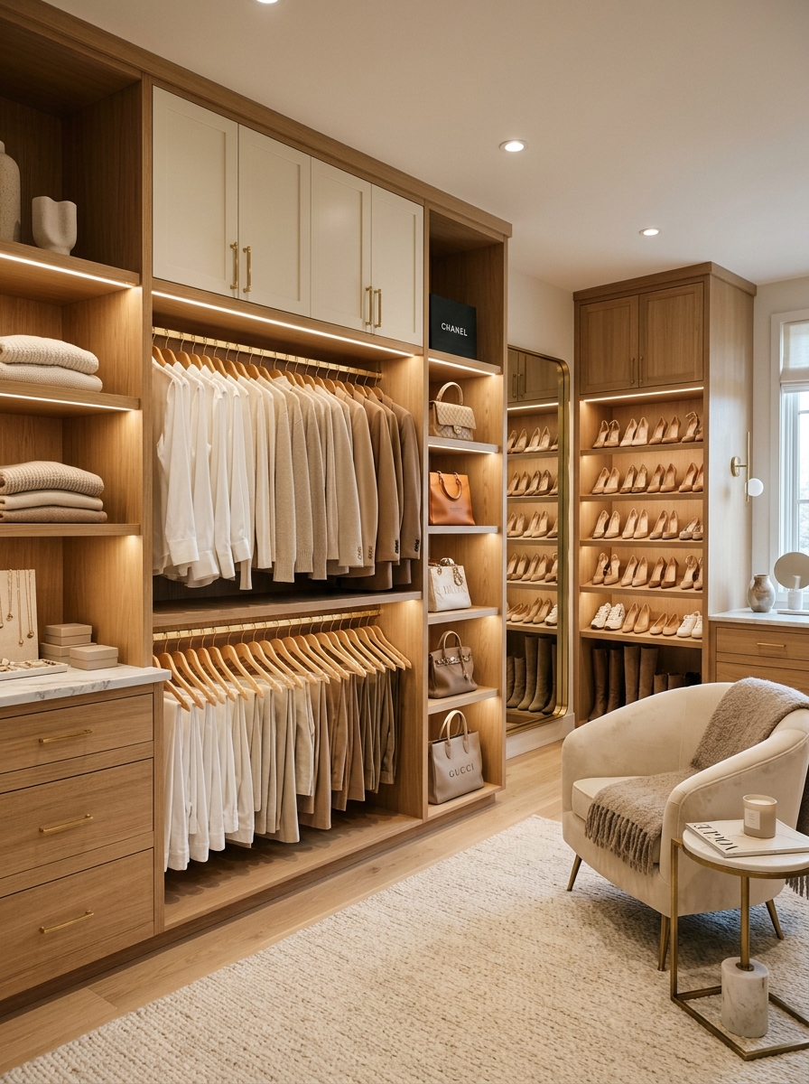 Soft Luxury Walk-In Closet with Curated Color Harmony & Boutique Styling