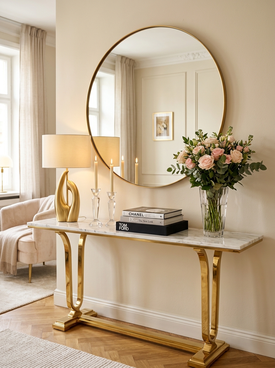 Luxury Marble Console Table with Soft Pink Accents