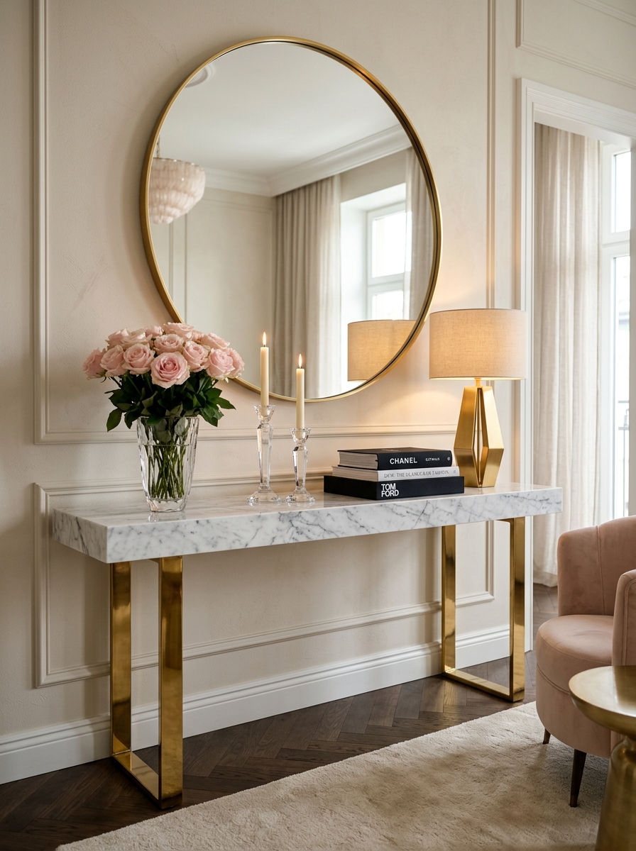 Luxury Marble Console Table with Soft Pink Accents