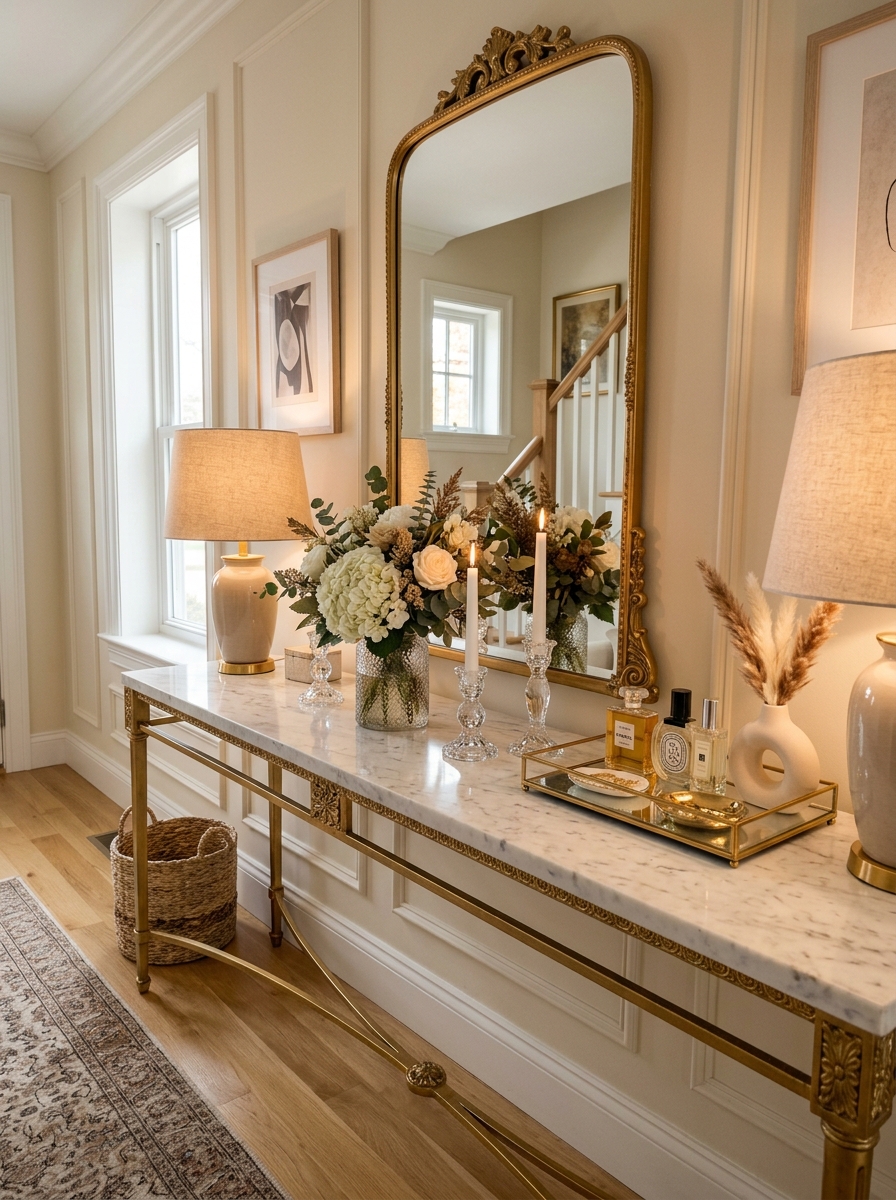 Elegant Marble Console Table with Gold Details