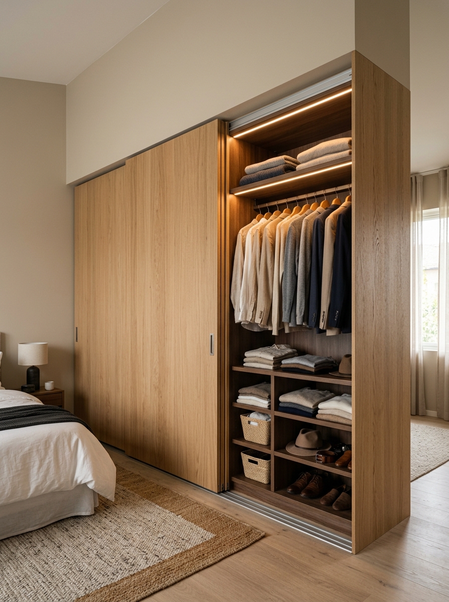 Minimal Closet with Sliding Wood Panel Doors & Soft Glow Interior