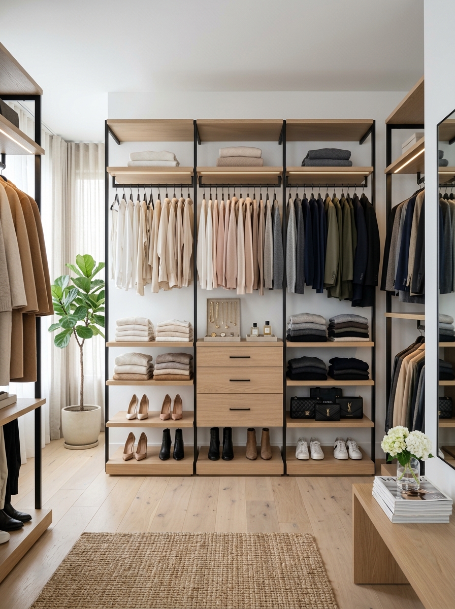 Minimalist Boutique-Style Closet with Open Shelving
