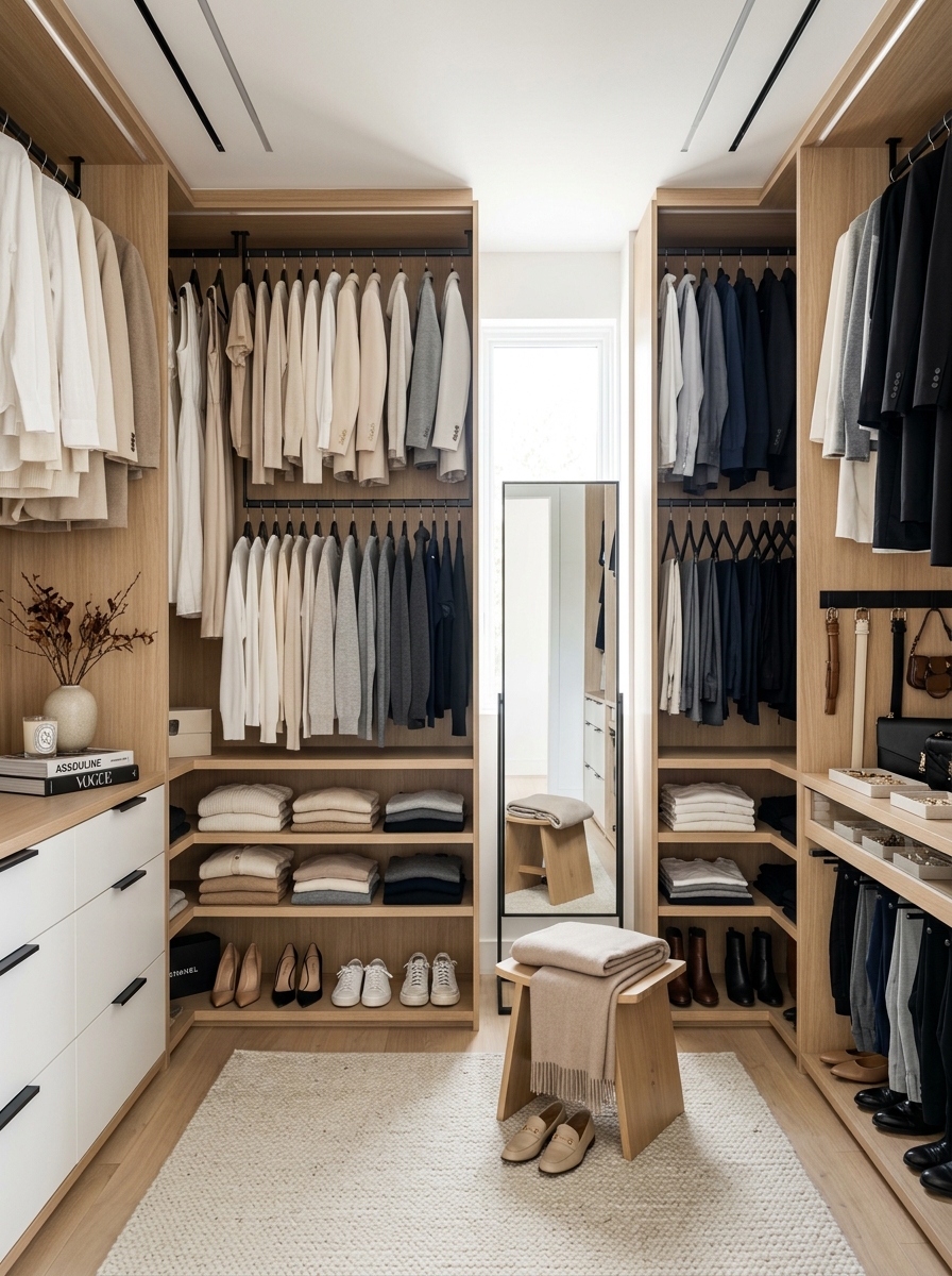 Minimalist Boutique-Style Closet with Open Shelving