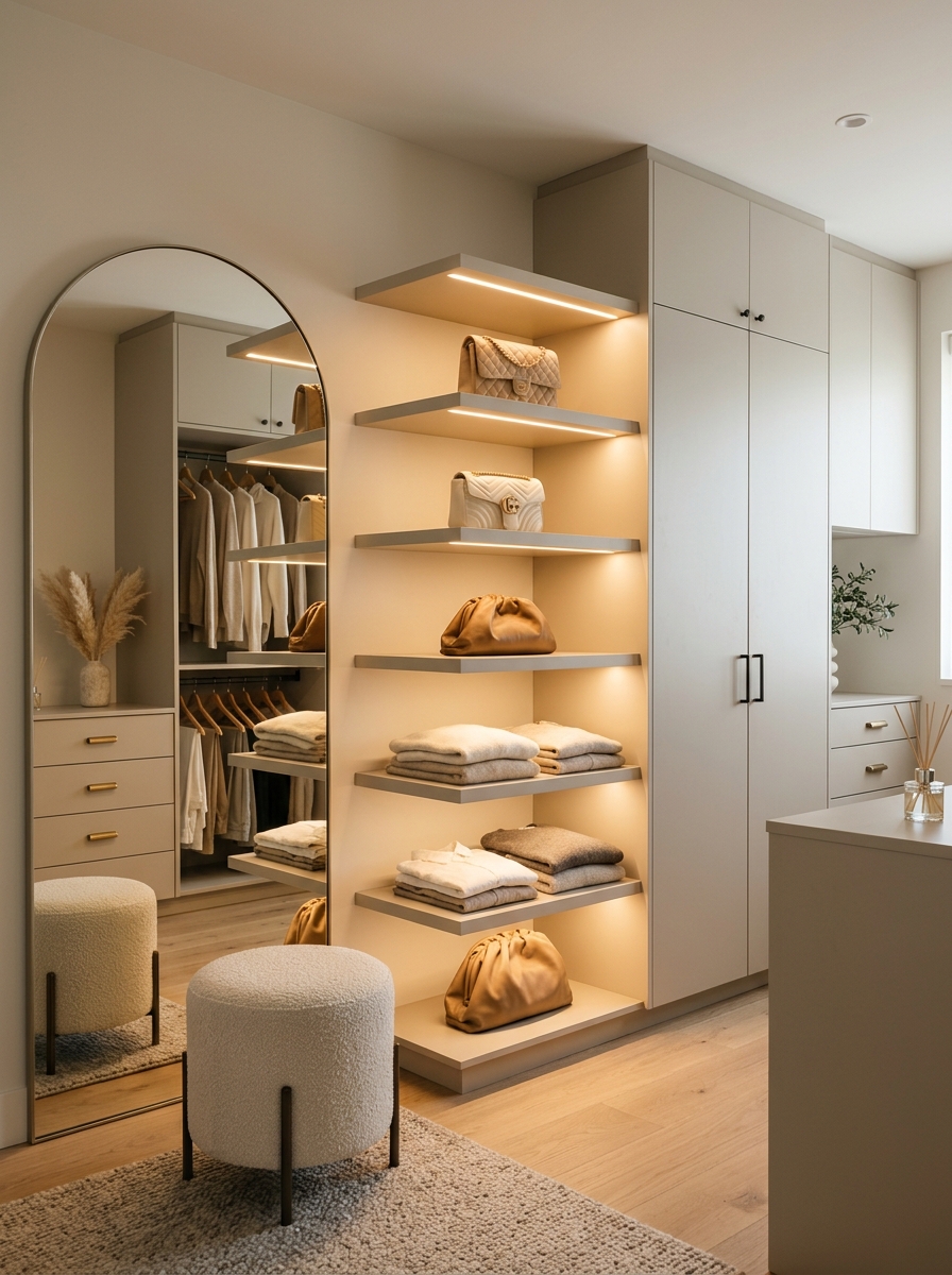 Minimalist Closet with Soft LED Shelf Lighting