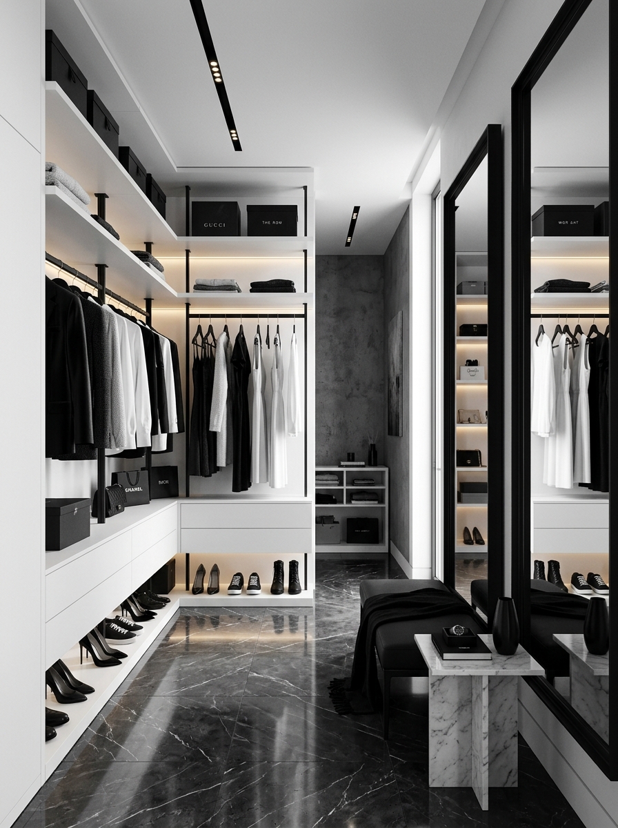 Monochrome Minimalist Closet with Black and White Contrast