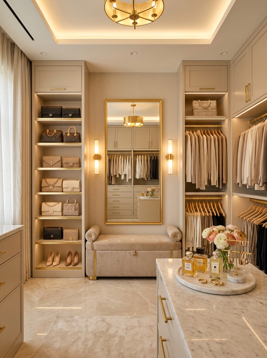 Beige and Gold Minimalist Closet With Luxury Hotel Vibes