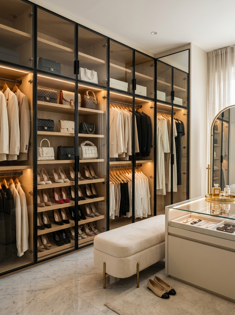 Modern Glass-Door Closet With Boutique Styling