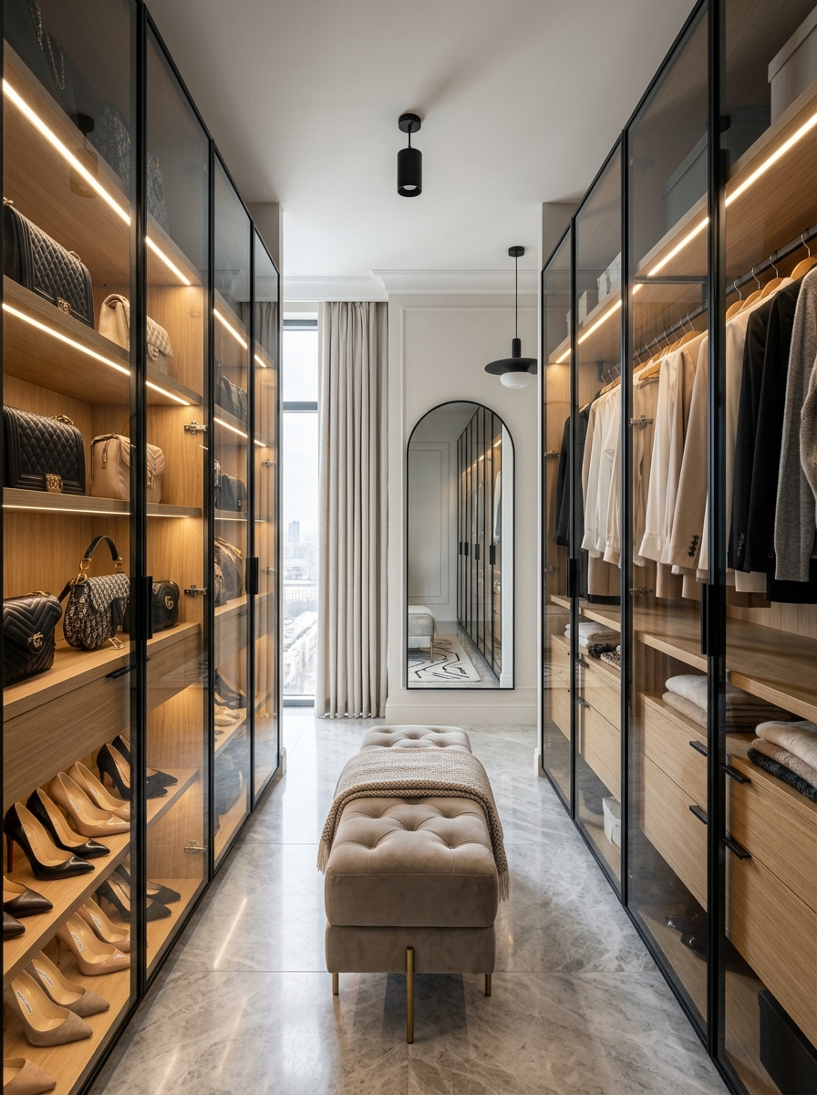 Modern Glass-Door Closet With Boutique Styling