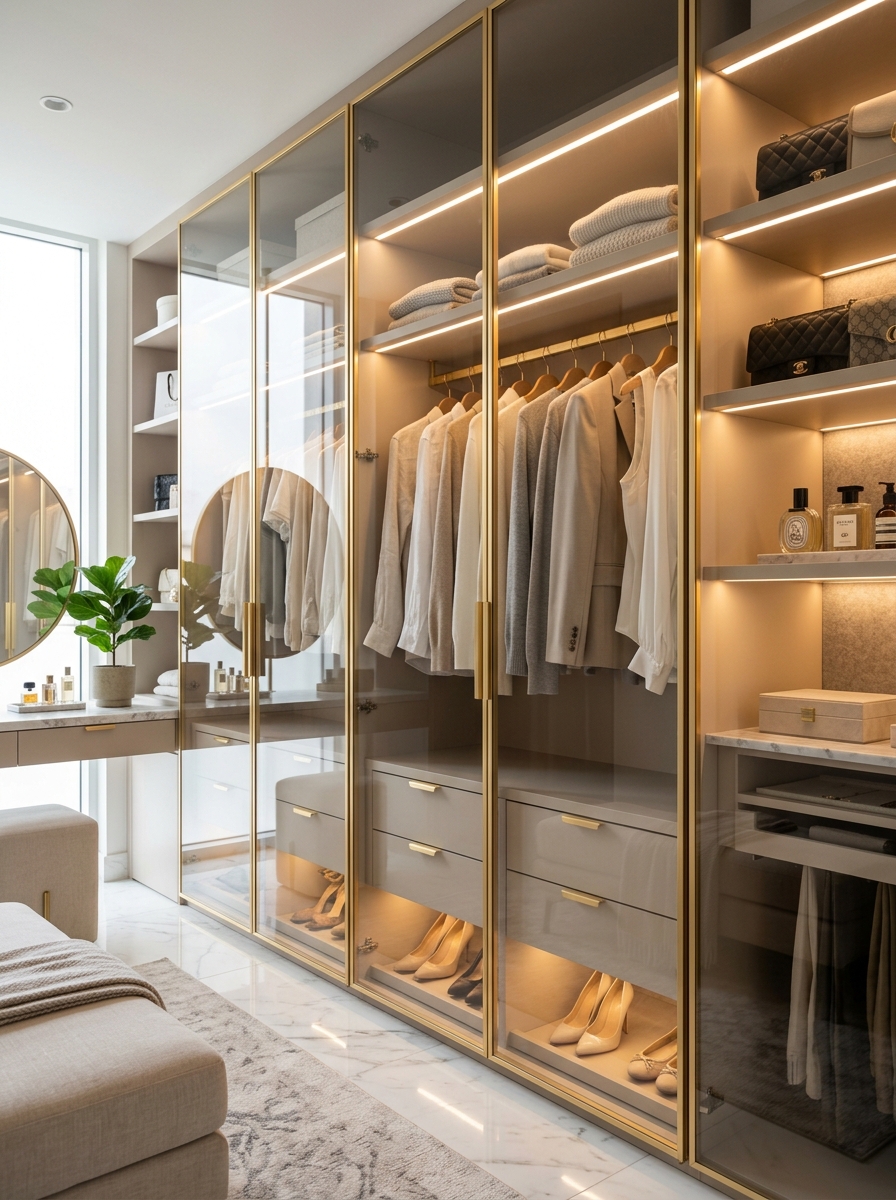 Minimalist Closet with Glass Wardrobe Doors