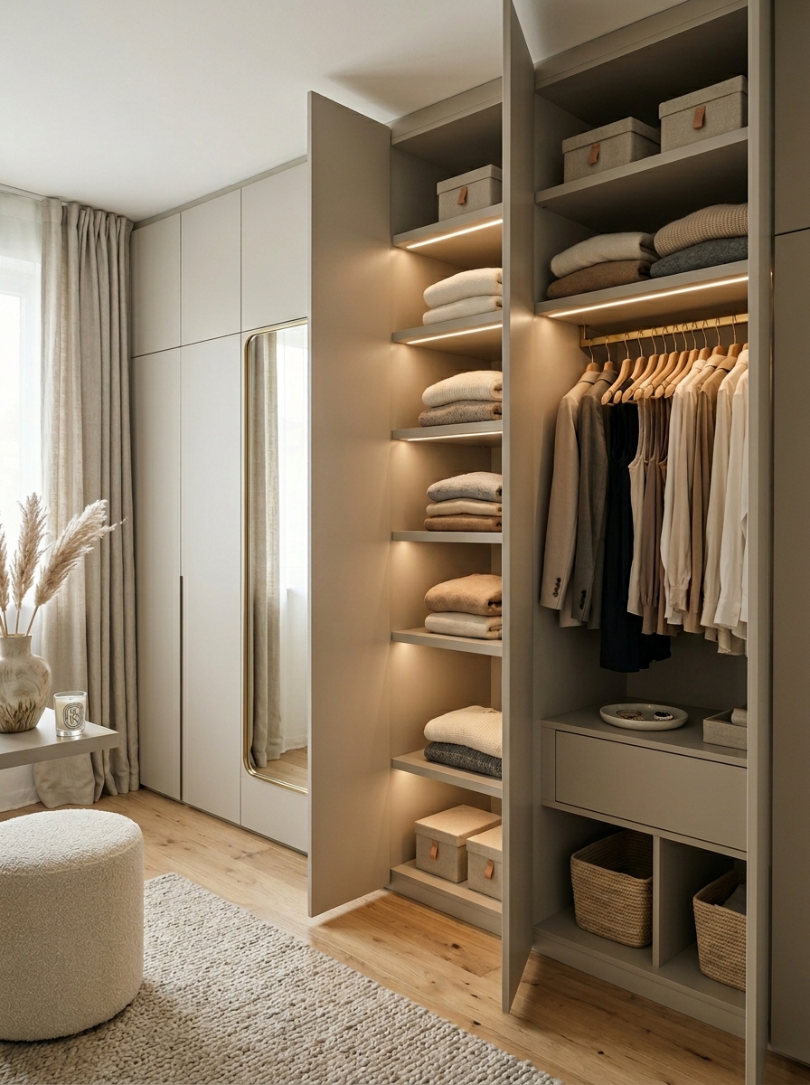 Soft Greige Closet with Hidden Storage Solutions