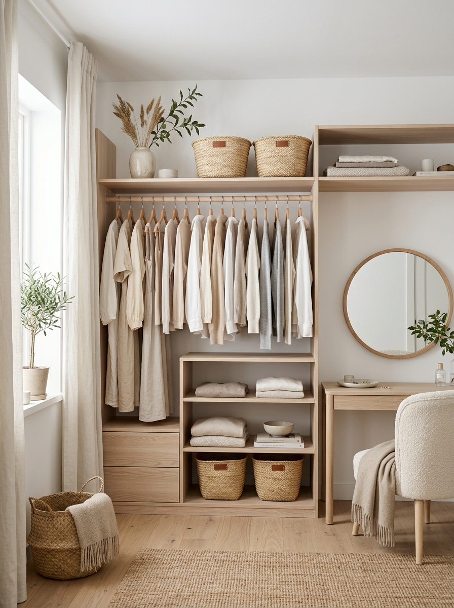 Scandinavian-Inspired Minimalist Closet With Natural Textures