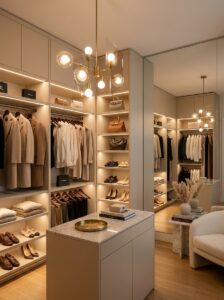 Minimalist Closet with Statement Lighting
