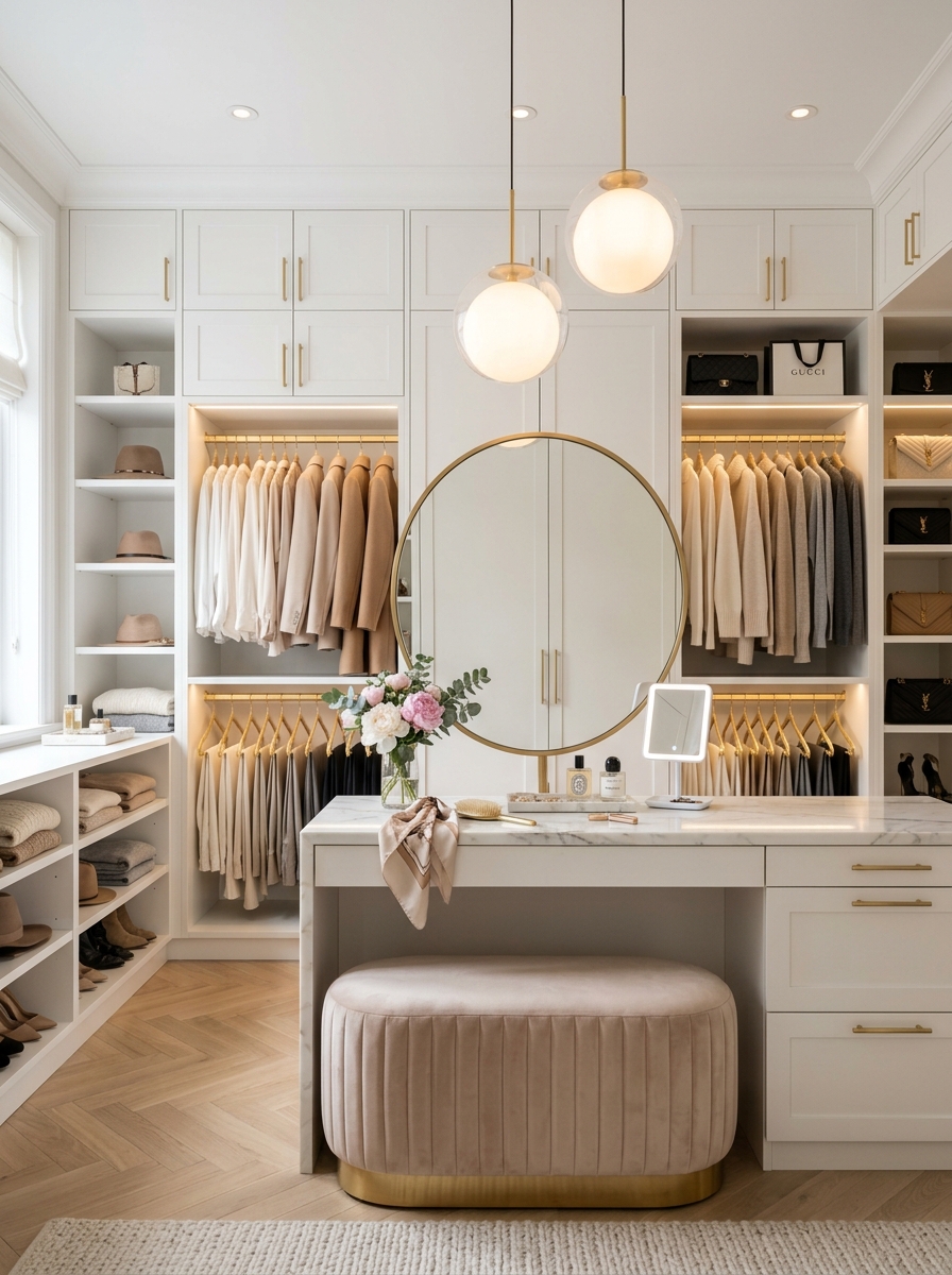 Minimalist Closet With Marble and Gold Accents