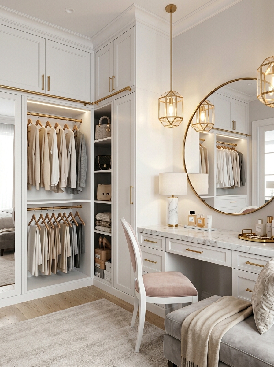 Minimalist Closet With Marble and Gold Accents