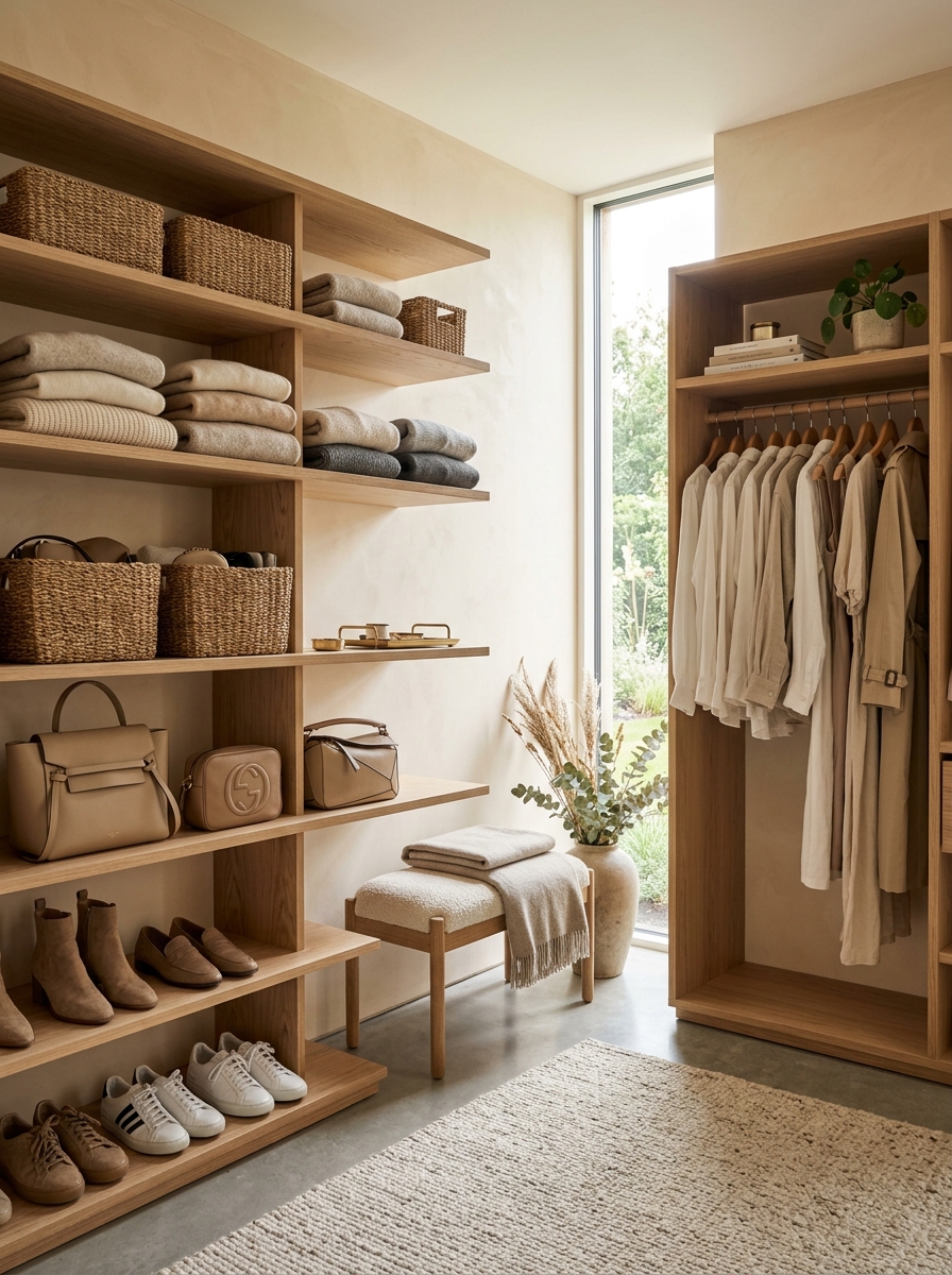 Minimalist Closet with Neutral Open Shelving