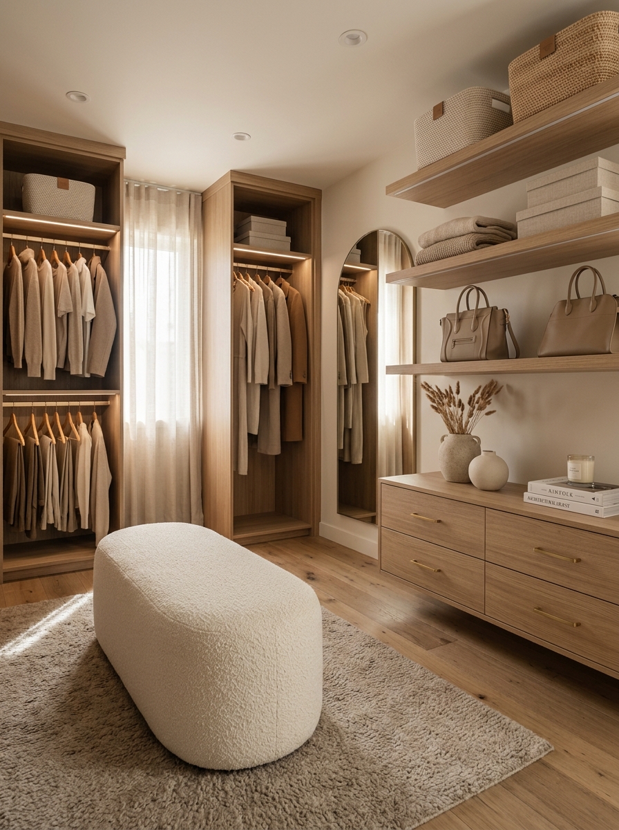 Warm Minimalist Closet with Layered Neutral Tones