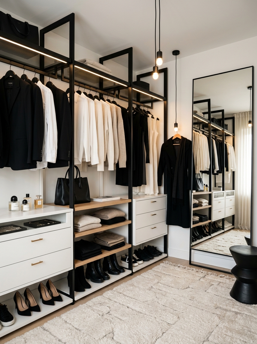 Chic Monochrome Closet With Black and White Contrast