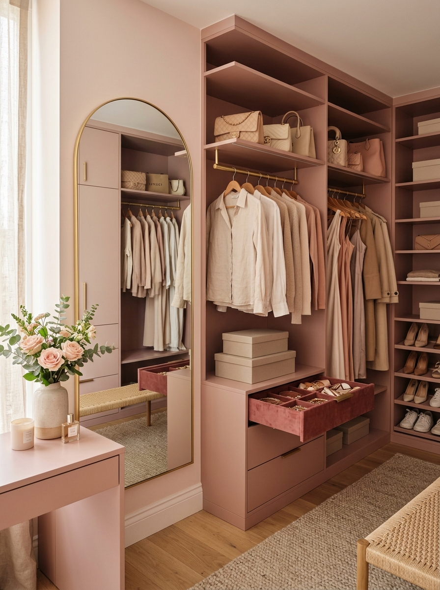 Blush Pink Minimalist Closet with Gold Details