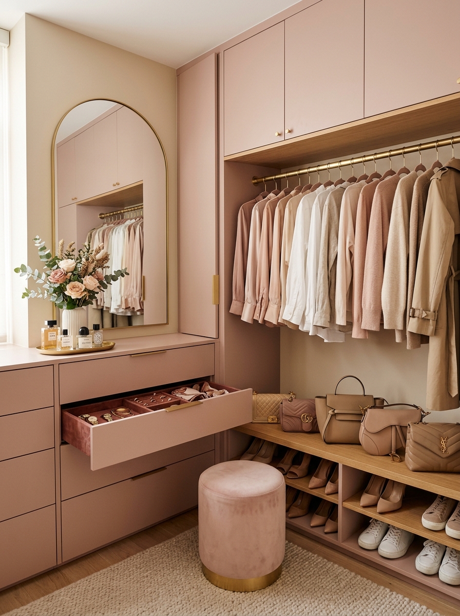 Blush Pink Minimalist Closet with Gold Details