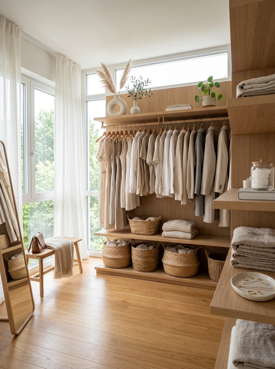 Bright Airy Closet With Natural Light and Organic D&eacute;cor