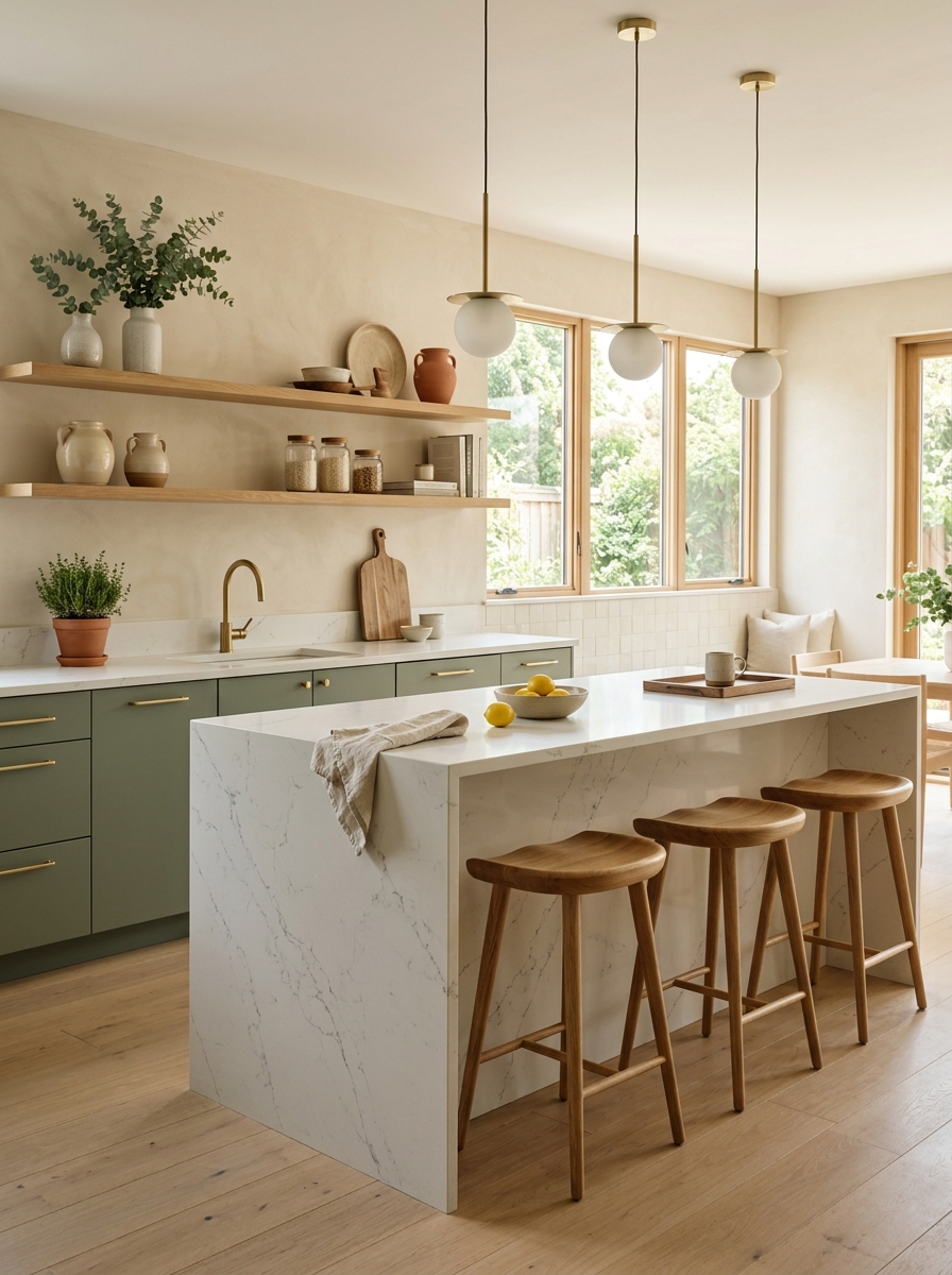 Soft Sage and Warm Oak Minimalist Kitchen