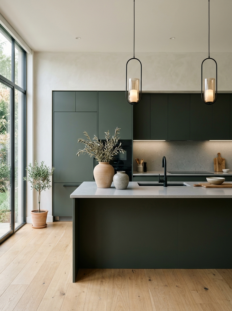 Minimalist Dark Green Kitchen With Clean Modern Styling
