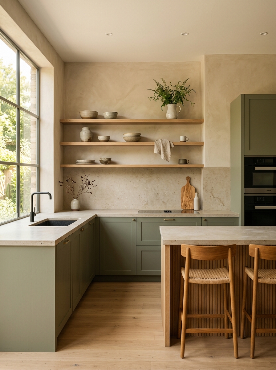 Minimalist Sage Green Kitchen With Textured Walls