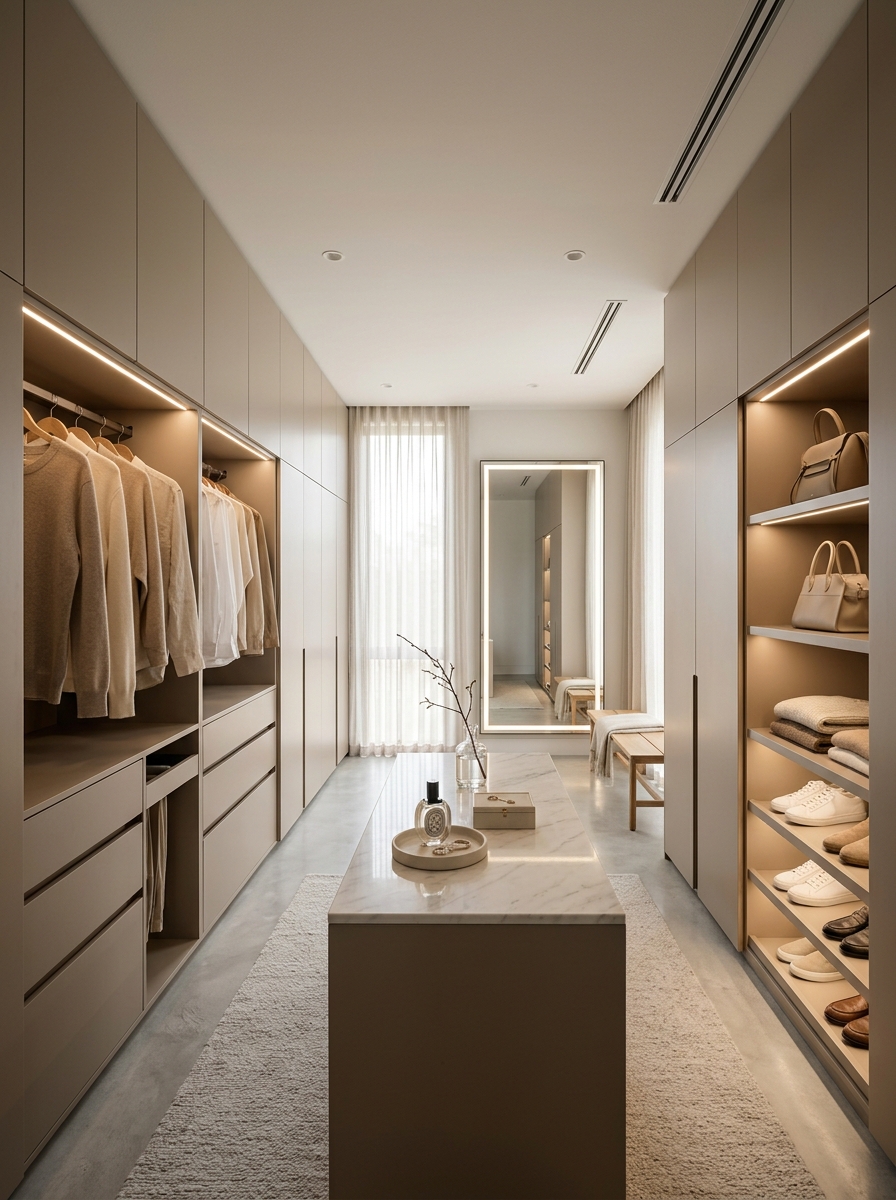 Minimal Luxe Closet with Hidden Storage Design