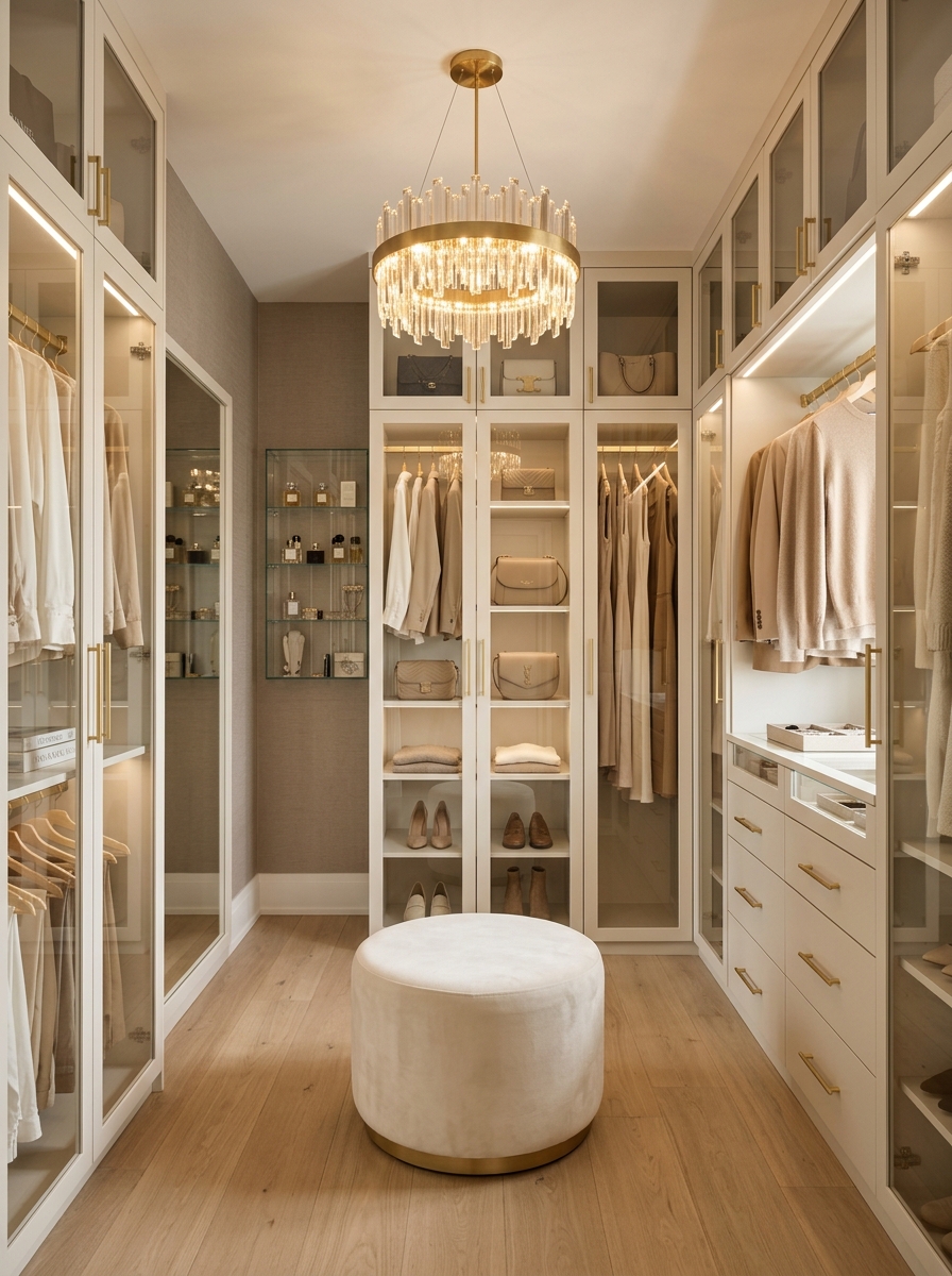Minimalist Closet with Floor-to-Ceiling Glass Cabinets
