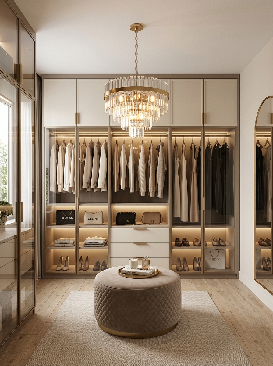 Minimalist Closet with Floor-to-Ceiling Glass Cabinets