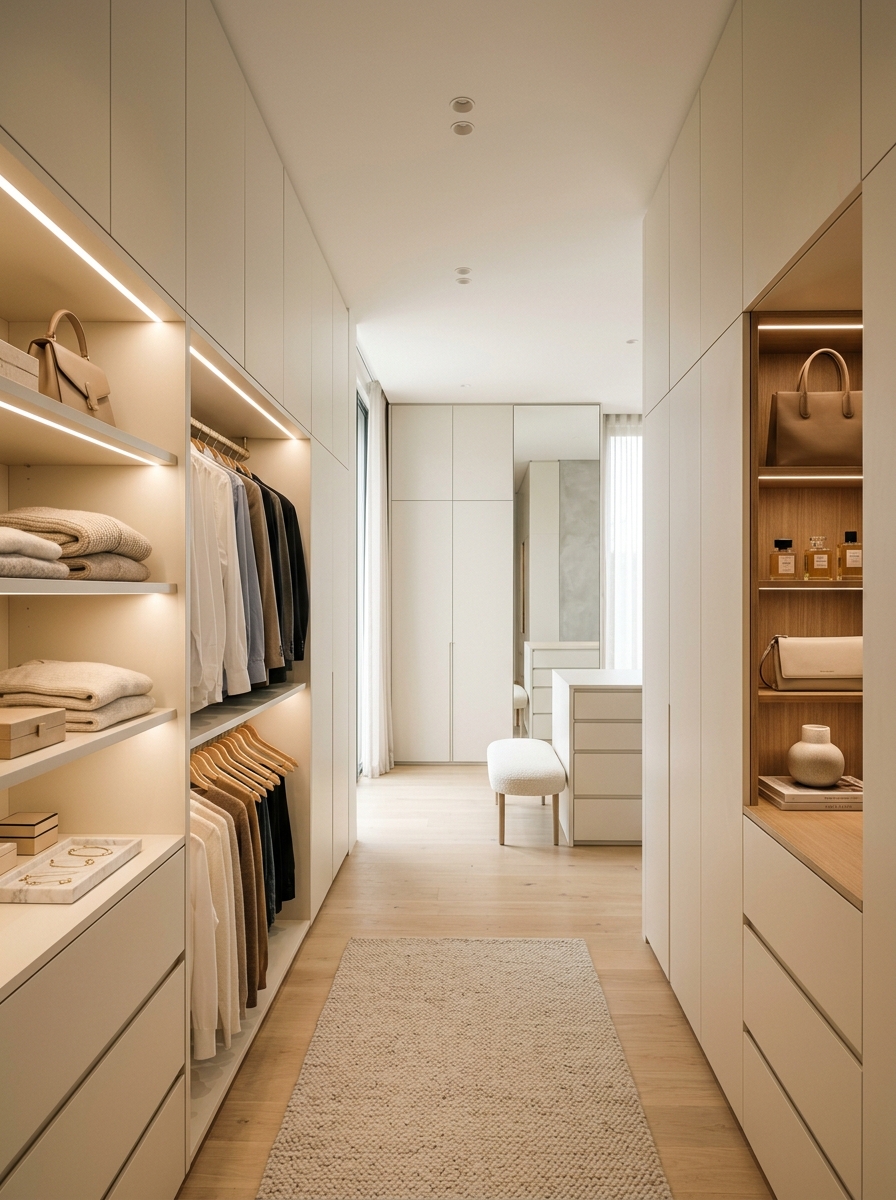 Luxury Closet with Hidden Storage and Seamless Design