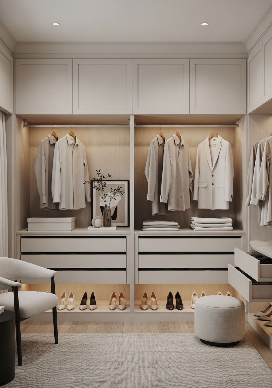 Minimalist Luxury Closet With Hidden Shoe Storage